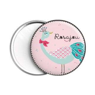 Miroir poche rose avec paon vert et rose